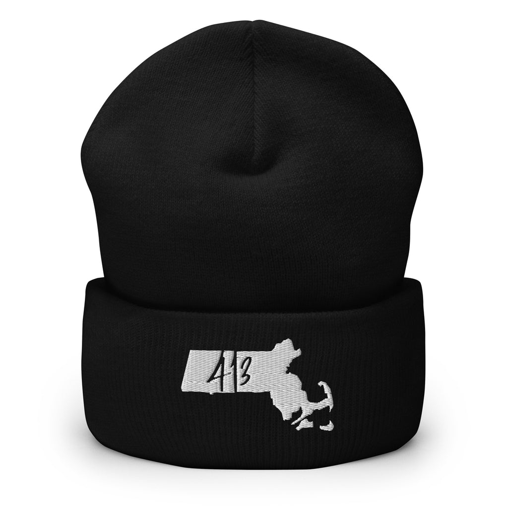 A black knit cuffed beanie hat featuring a white embroidered design of the state of Massachusetts with the number 413 inside, shown against a plain white background.