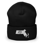 A black knit cuffed beanie hat featuring a white embroidered design of the state of Massachusetts with the number 413 inside, shown against a plain white background.