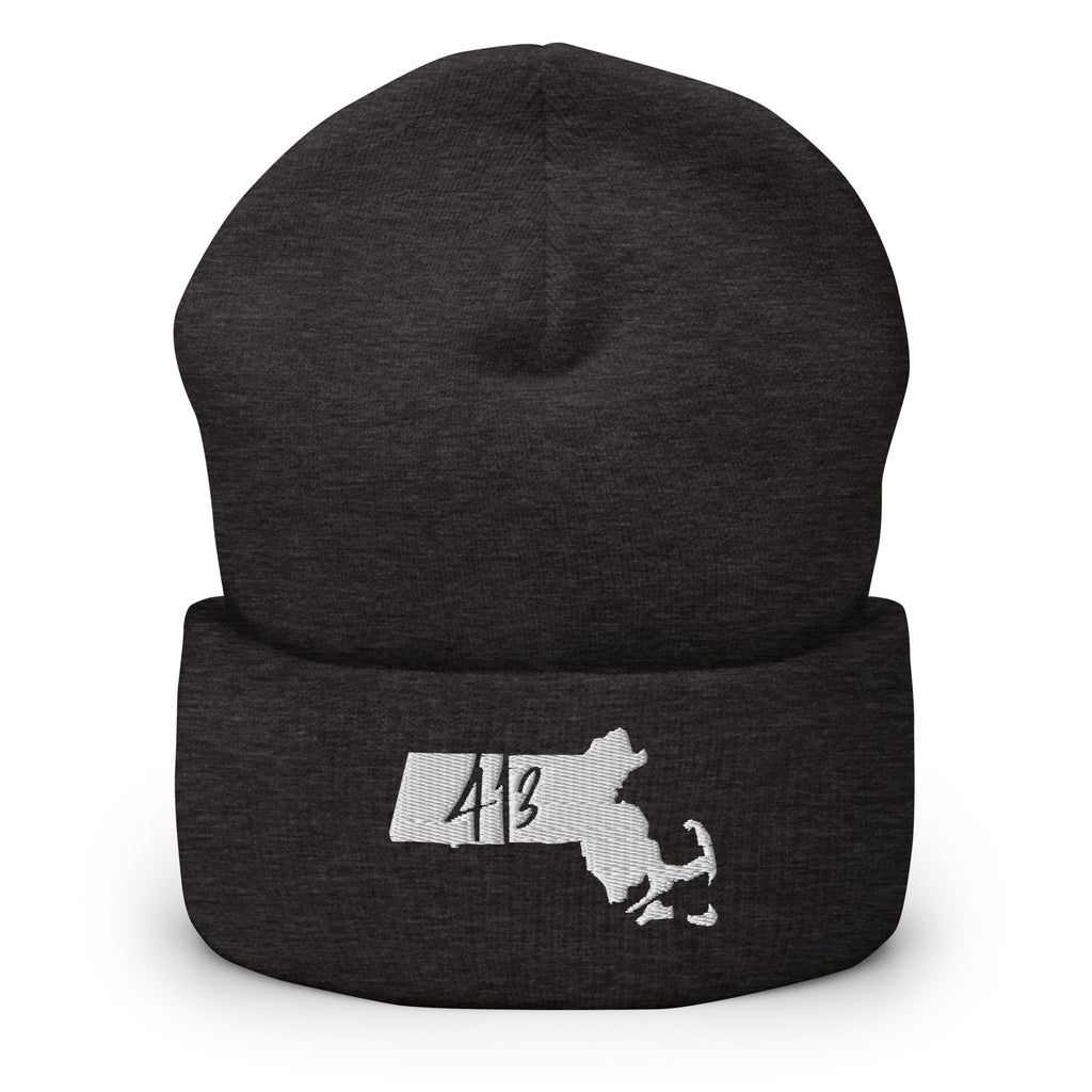 A dark heather gray cuffed knit beanie hat featuring a white embroidered graphic of the state of Massachusetts with the number 413 inside, shown against a plain white background.