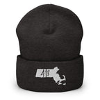 A dark heather gray cuffed knit beanie hat featuring a white embroidered graphic of the state of Massachusetts with the number 413 inside, shown against a plain white background.