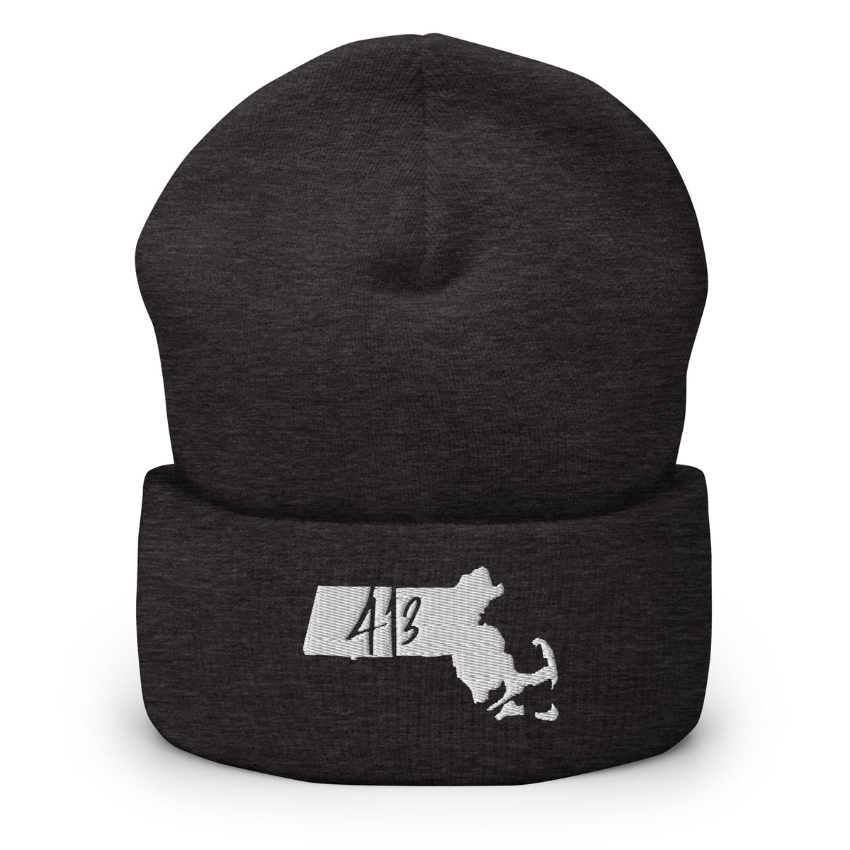 A dark heather gray cuffed knit beanie hat featuring a white embroidered graphic of the state of Massachusetts with the number 413 inside, shown against a plain white background.