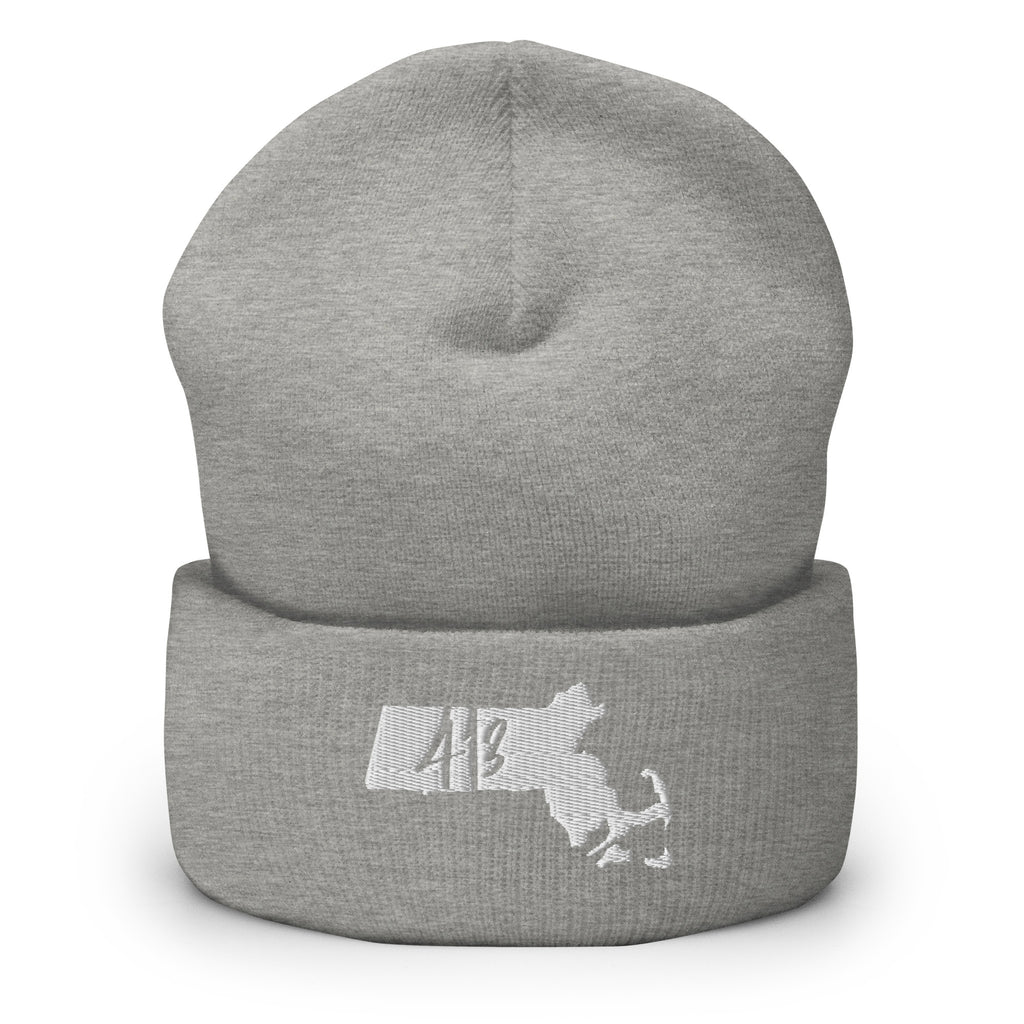A heather gray knit cuffed beanie hat with a white embroidered Massachusetts state silhouette and the number 43 on the front cuff, shown against a plain white background.