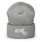 A heather gray knit cuffed beanie hat with a white embroidered Massachusetts state silhouette and the number 43 on the front cuff, shown against a plain white background.