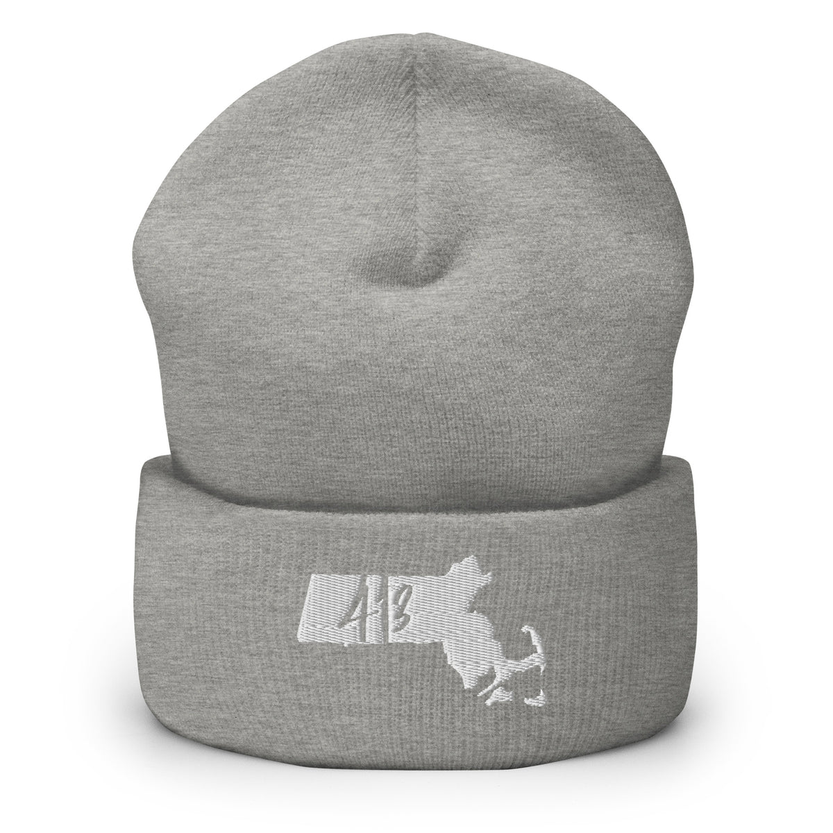 A heather gray knit cuffed beanie hat with a white embroidered Massachusetts state silhouette and the number 43 on the front cuff, shown against a plain white background.