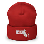 A red knit beanie hat with a folded cuff, featuring a white embroidered Massachusetts state silhouette and the red text '413' on the front, set against a plain white background.