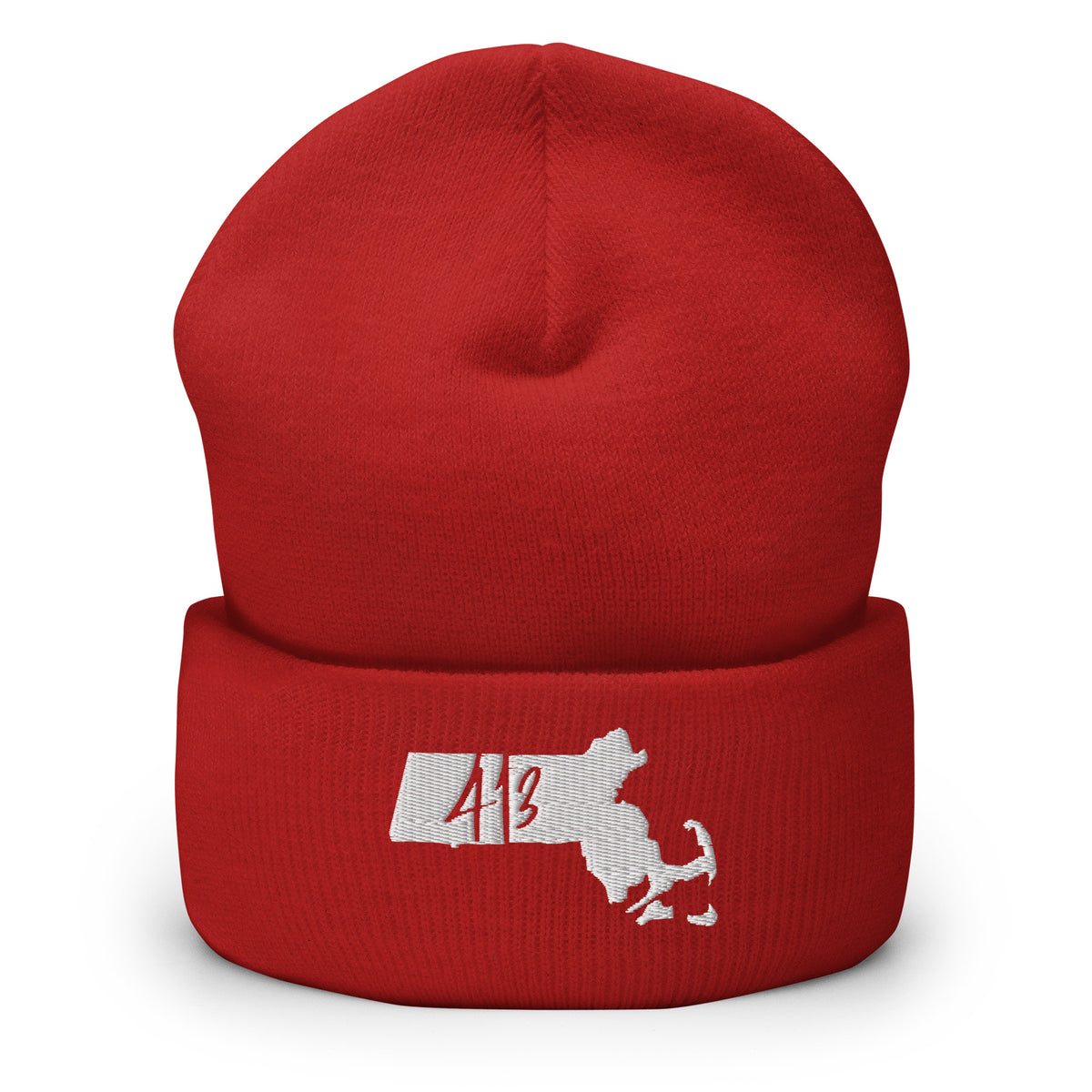 A red knit beanie hat with a folded cuff, featuring a white embroidered Massachusetts state silhouette and the red text '413' on the front, set against a plain white background.
