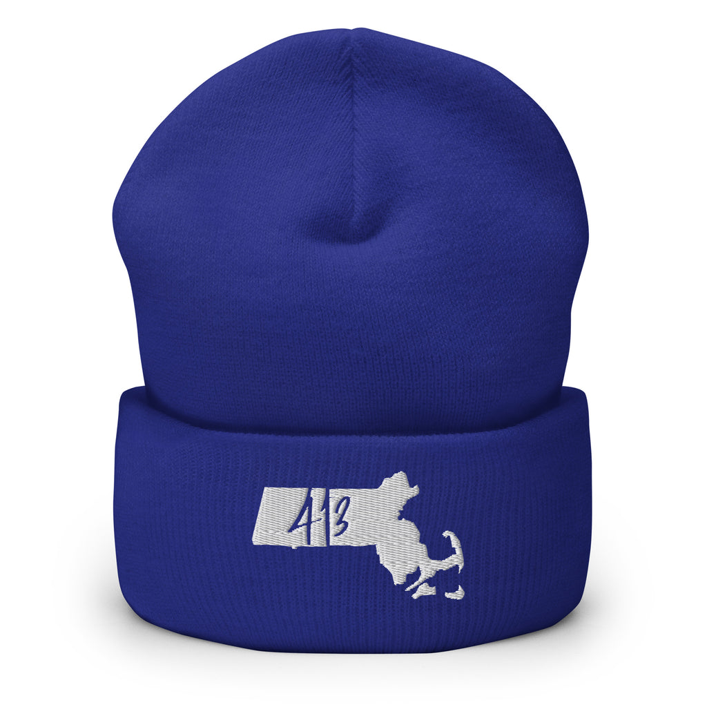 A royal blue knit beanie with a folded cuff, featuring a white embroidered Massachusetts state silhouette and the number '413' on the front.