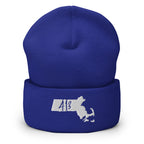 A royal blue knit beanie with a folded cuff, featuring a white embroidered Massachusetts state silhouette and the number '413' on the front.