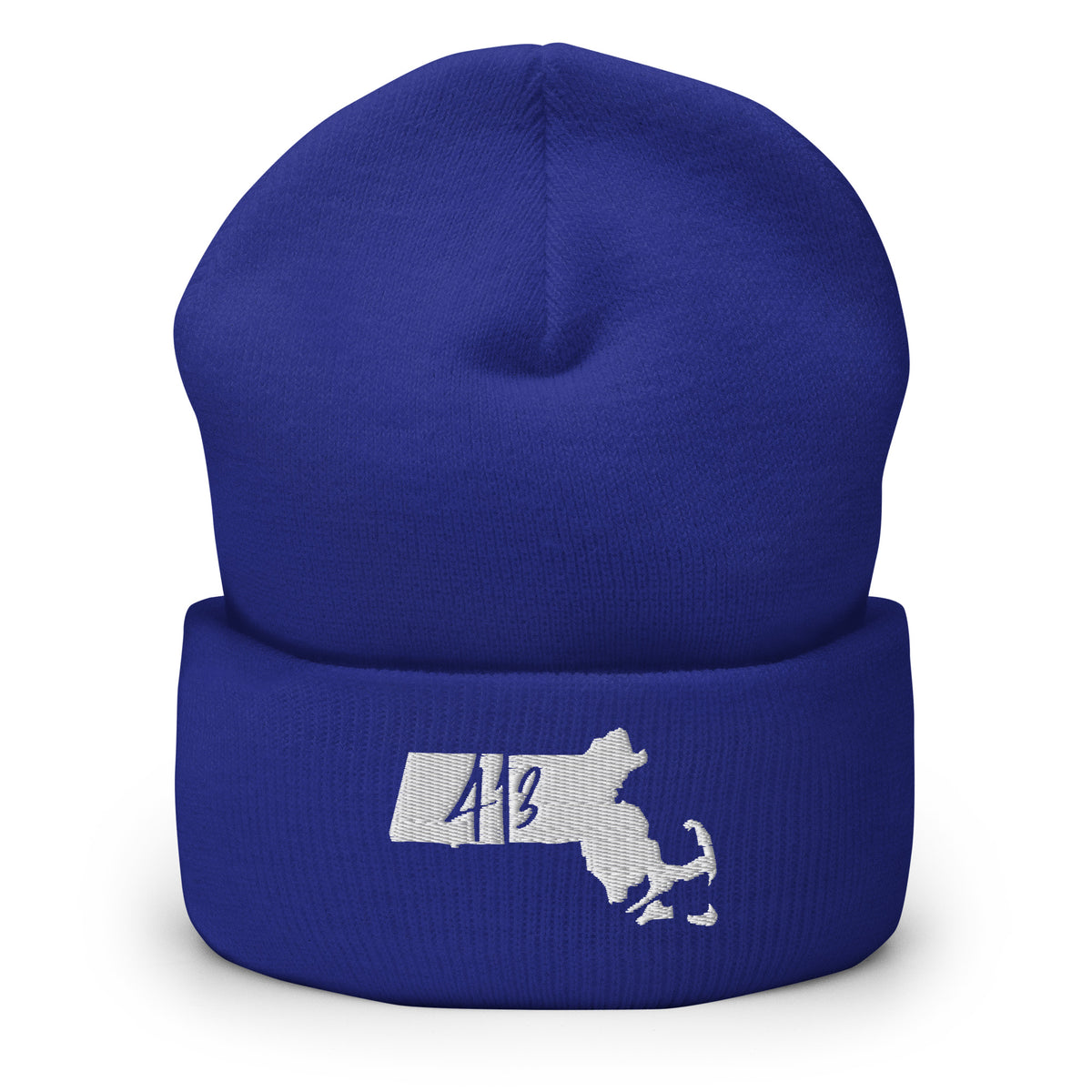 A royal blue knit beanie with a folded cuff, featuring a white embroidered Massachusetts state silhouette and the number '413' on the front.