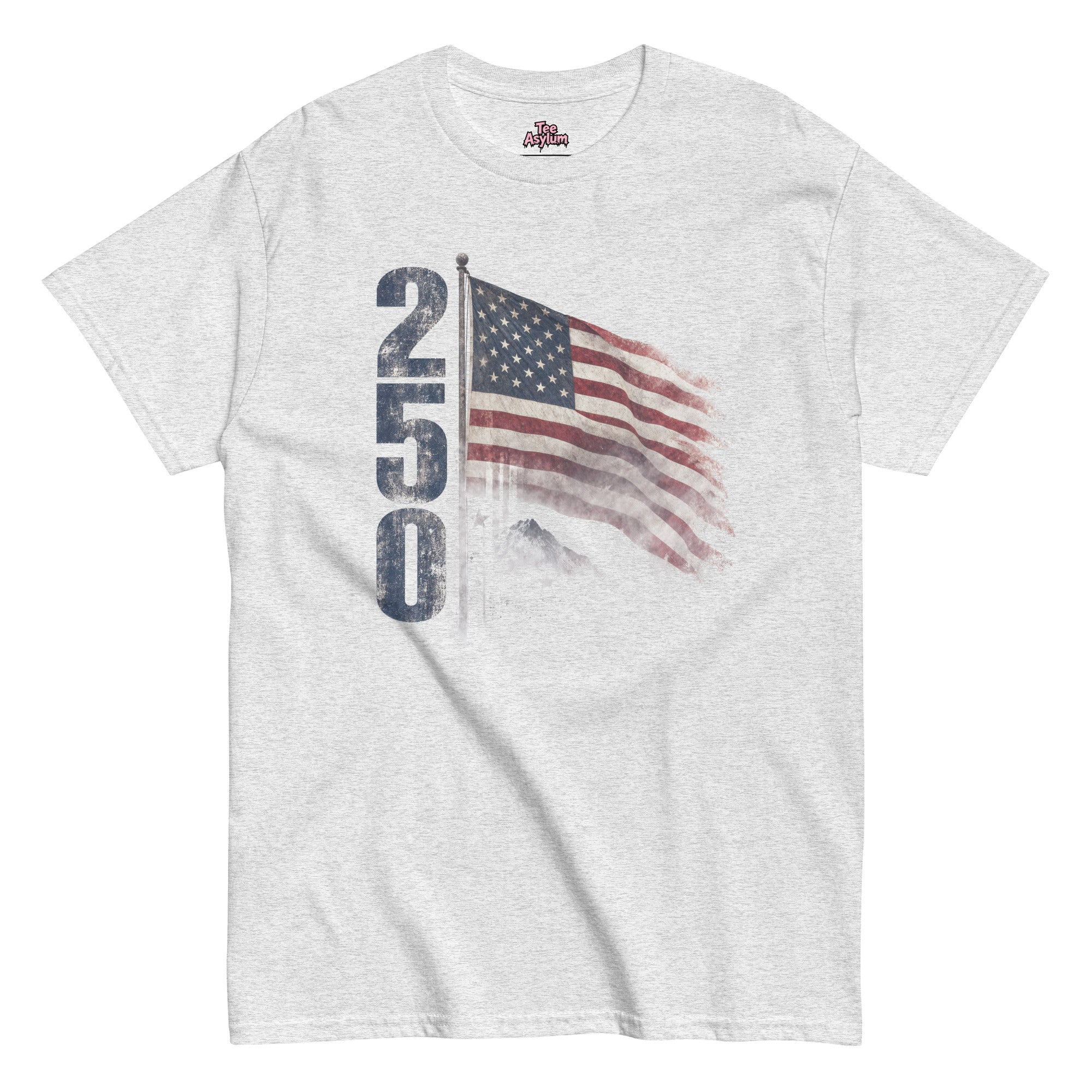 America 250 t-shirt with vertical distressed design and waving American flag for July 4 2026