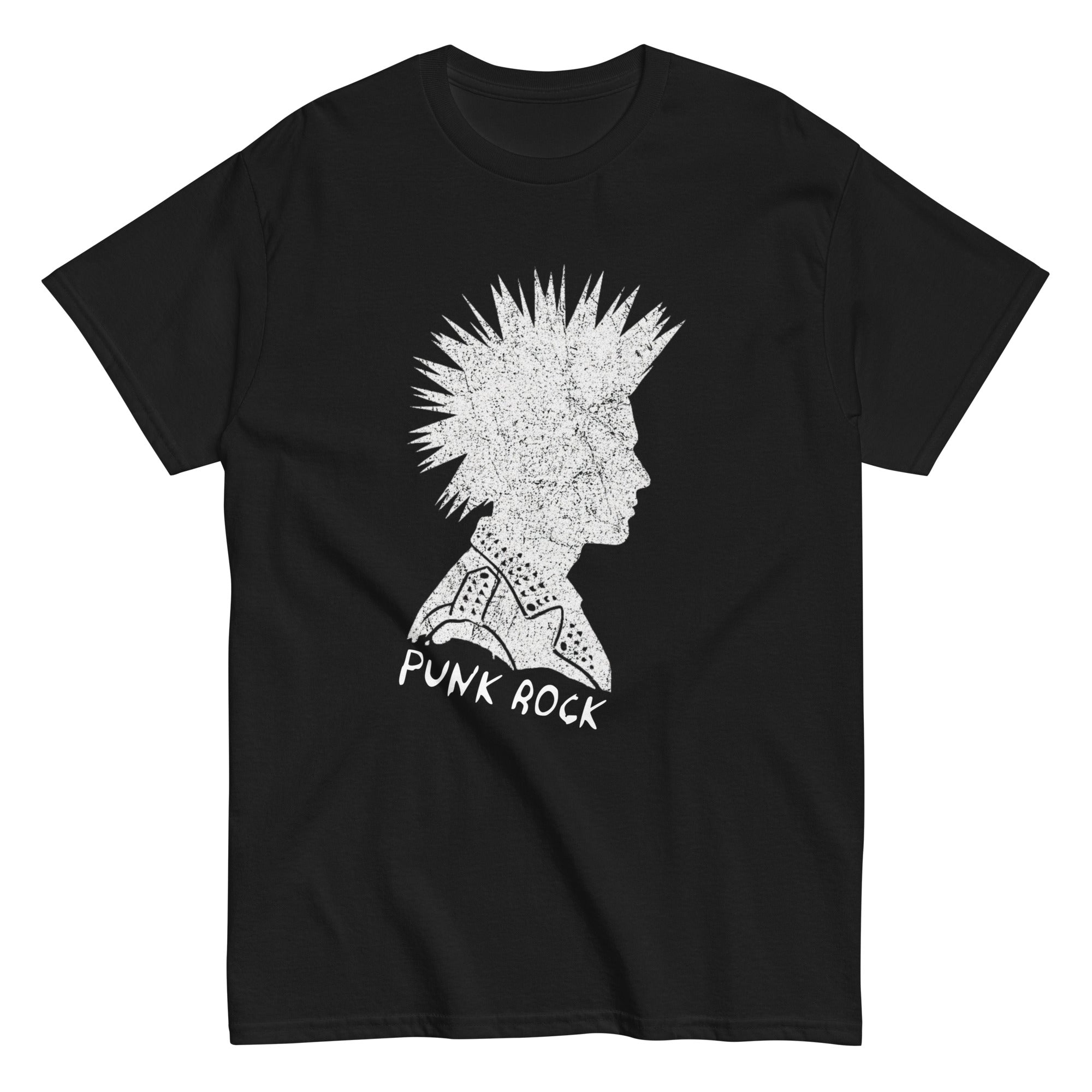 PUNK ROCK T-SHIRT featuring a punk profile graphic on a black unisex t-shirt for rebels and music lovers.