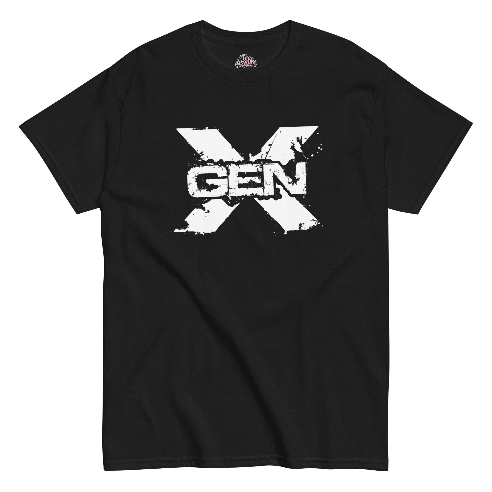 Gen X t-shirt featuring a bold distressed graphic on a black short-sleeve shirt.