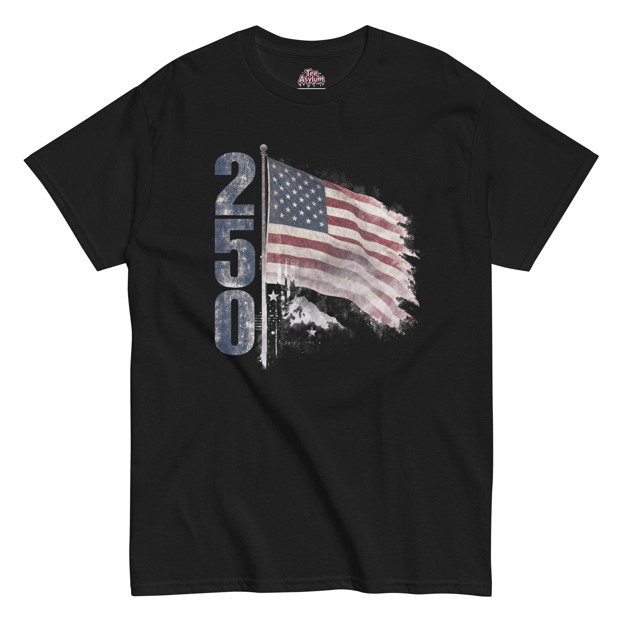 Retro America 250 t-shirt with vertical 250 design and waving USA flag graphic