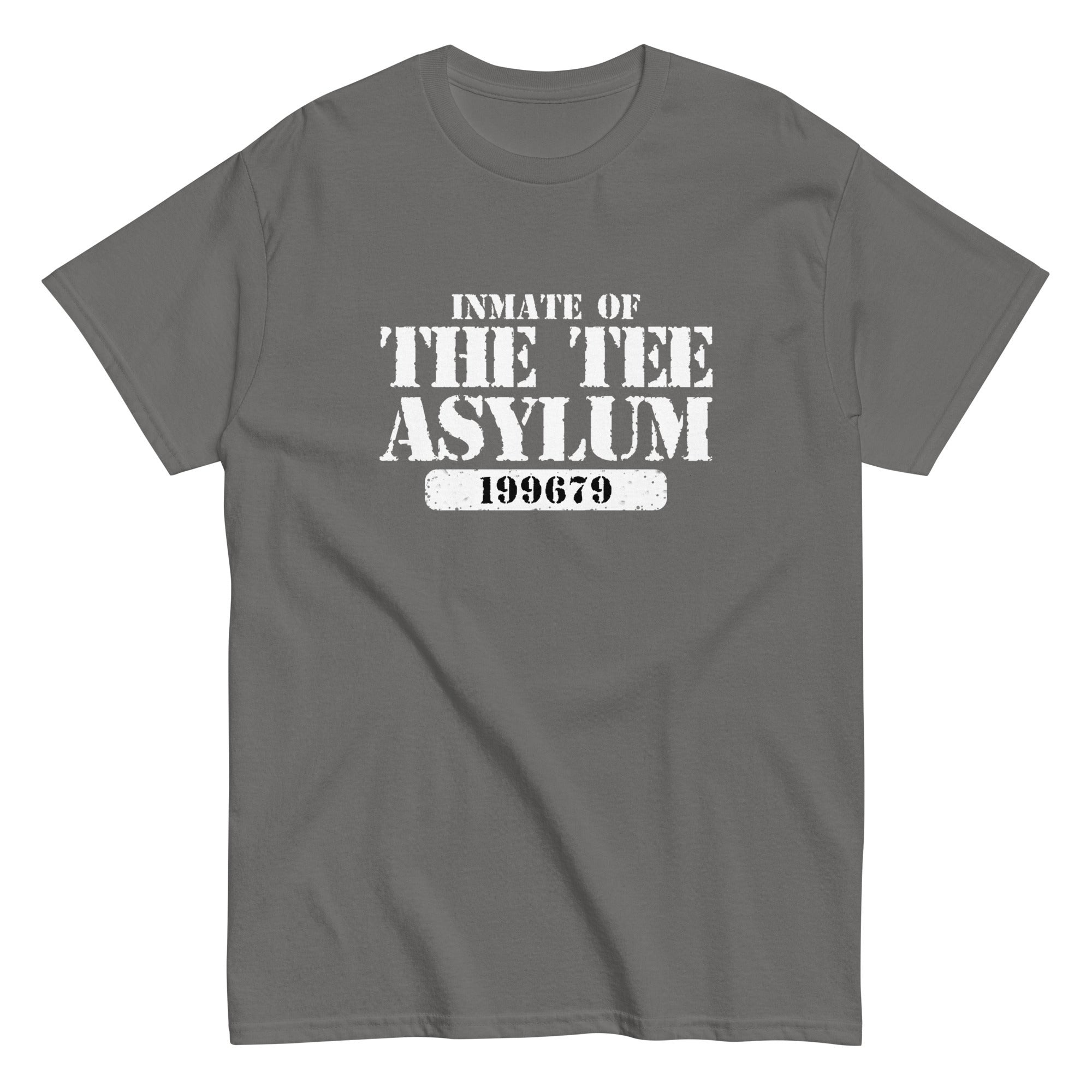 Inmate of the Tee Asylum graphic tee in gray, featuring bold graphic print and unisex fit, showcasing asylum graphic tee style.