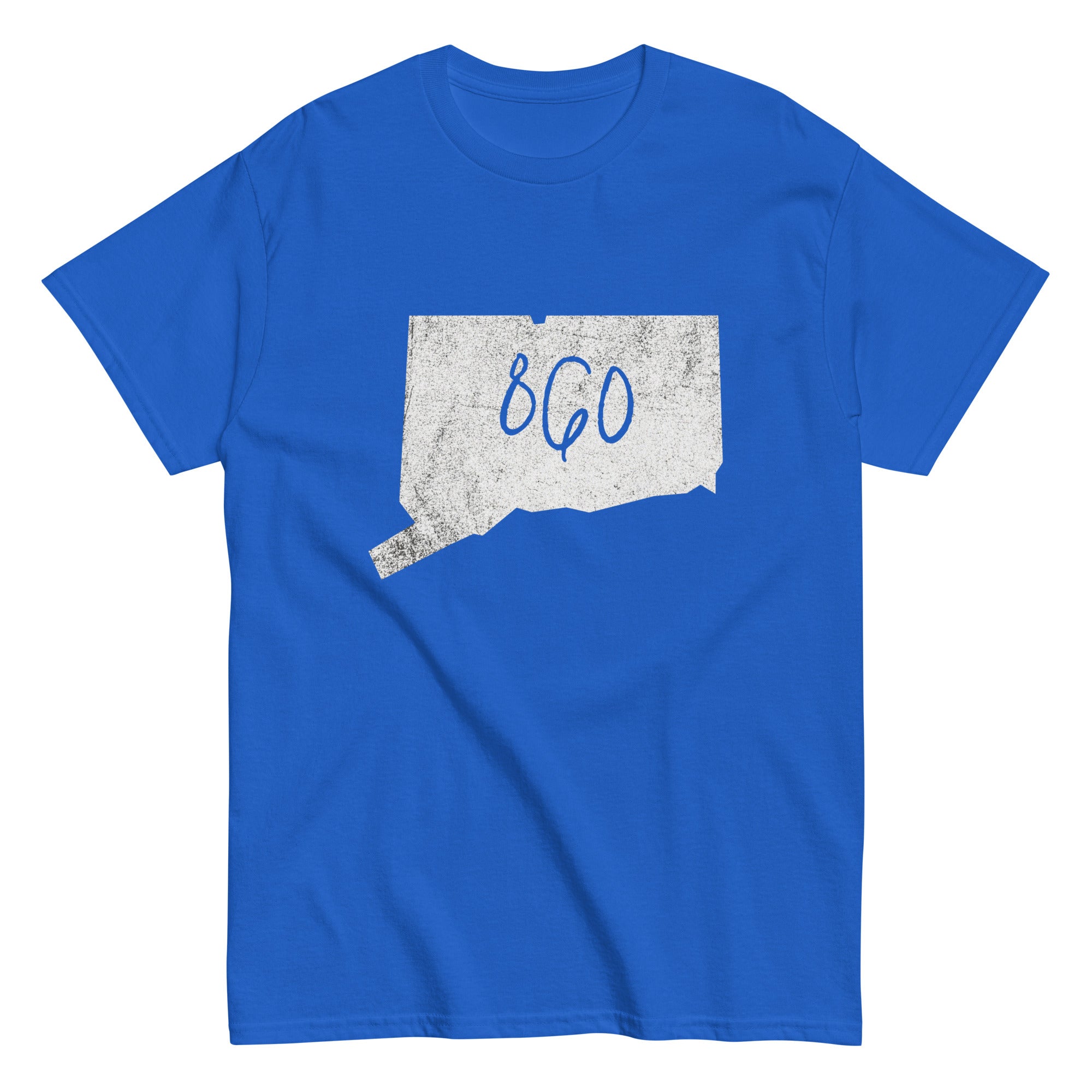 860 area code t-shirt in blue featuring Connecticut outline and bold '860' graphics.