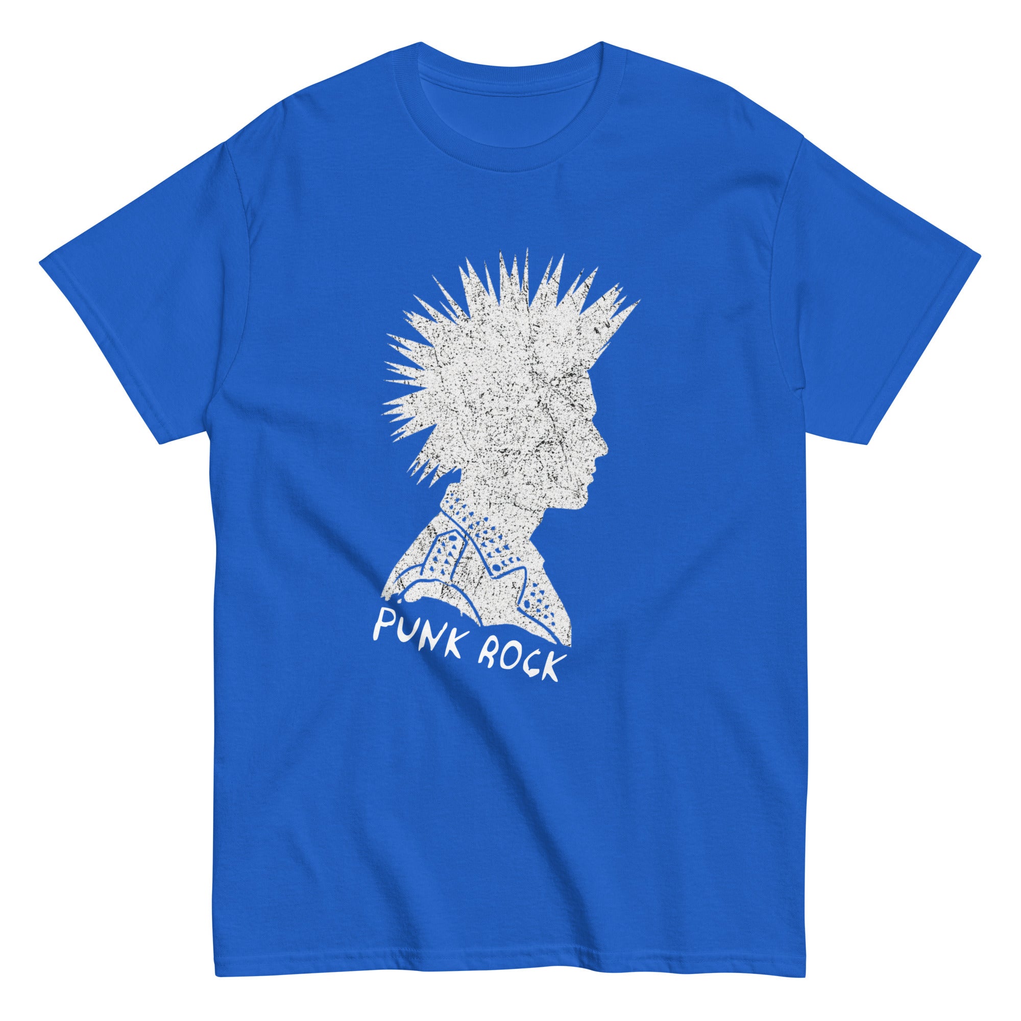 PUNK ROCK T-SHIRT featuring a punk-inspired graphic on a blue unisex tee, perfect for rebels and streetwear.