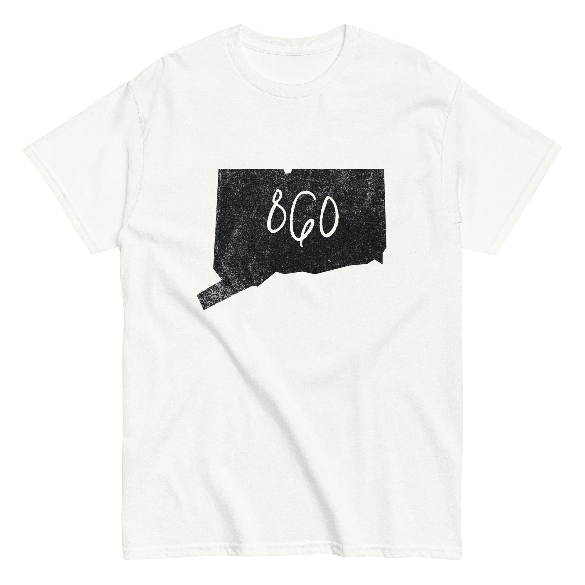 860 area code t-shirt featuring Connecticut outline and bold '860' graphic on a white background.