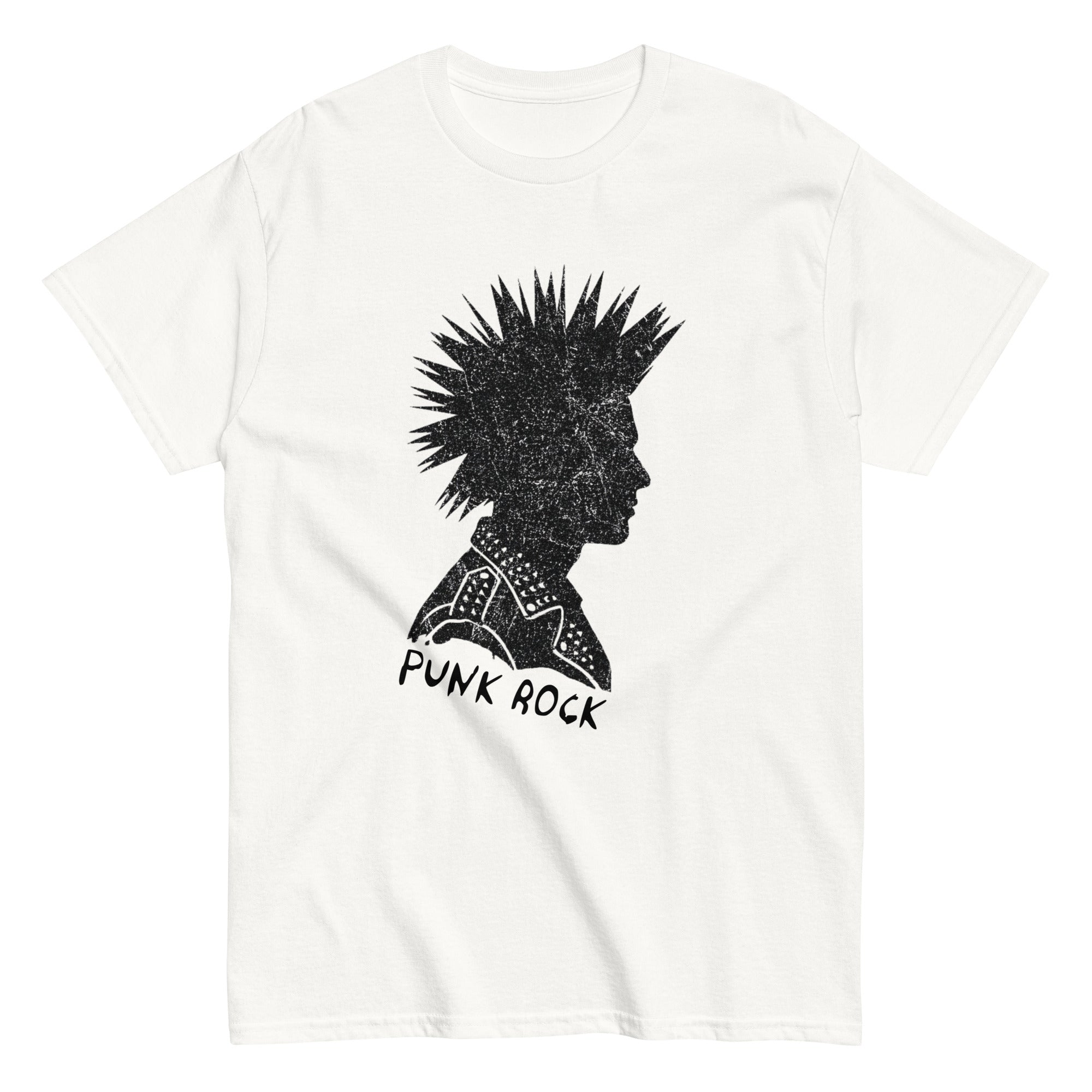 PUNK ROCK T-SHIRT featuring a punk hairstyle silhouette and bold text, perfect for rebellious streetwear style.
