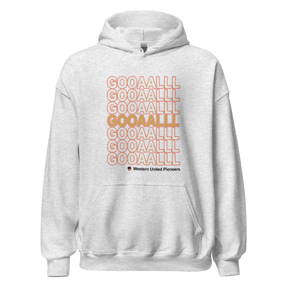 Pioneers soccer fan hoodie with bold repeated GOAL text design