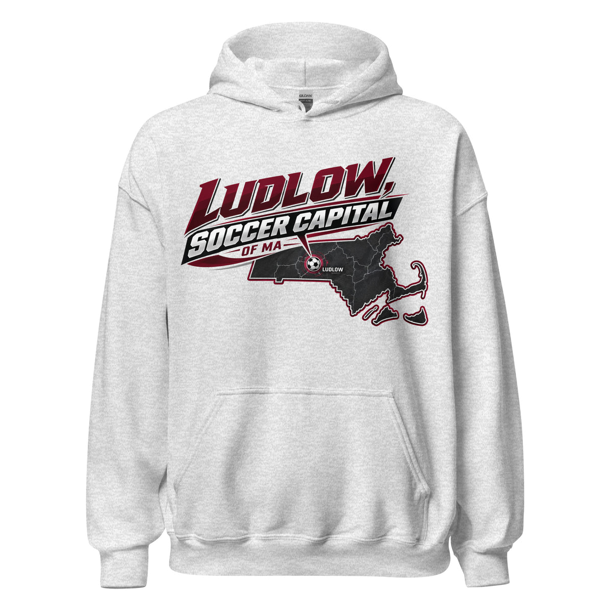 Ludlow Soccer Capital of MA Hoodie with Massachusetts Map