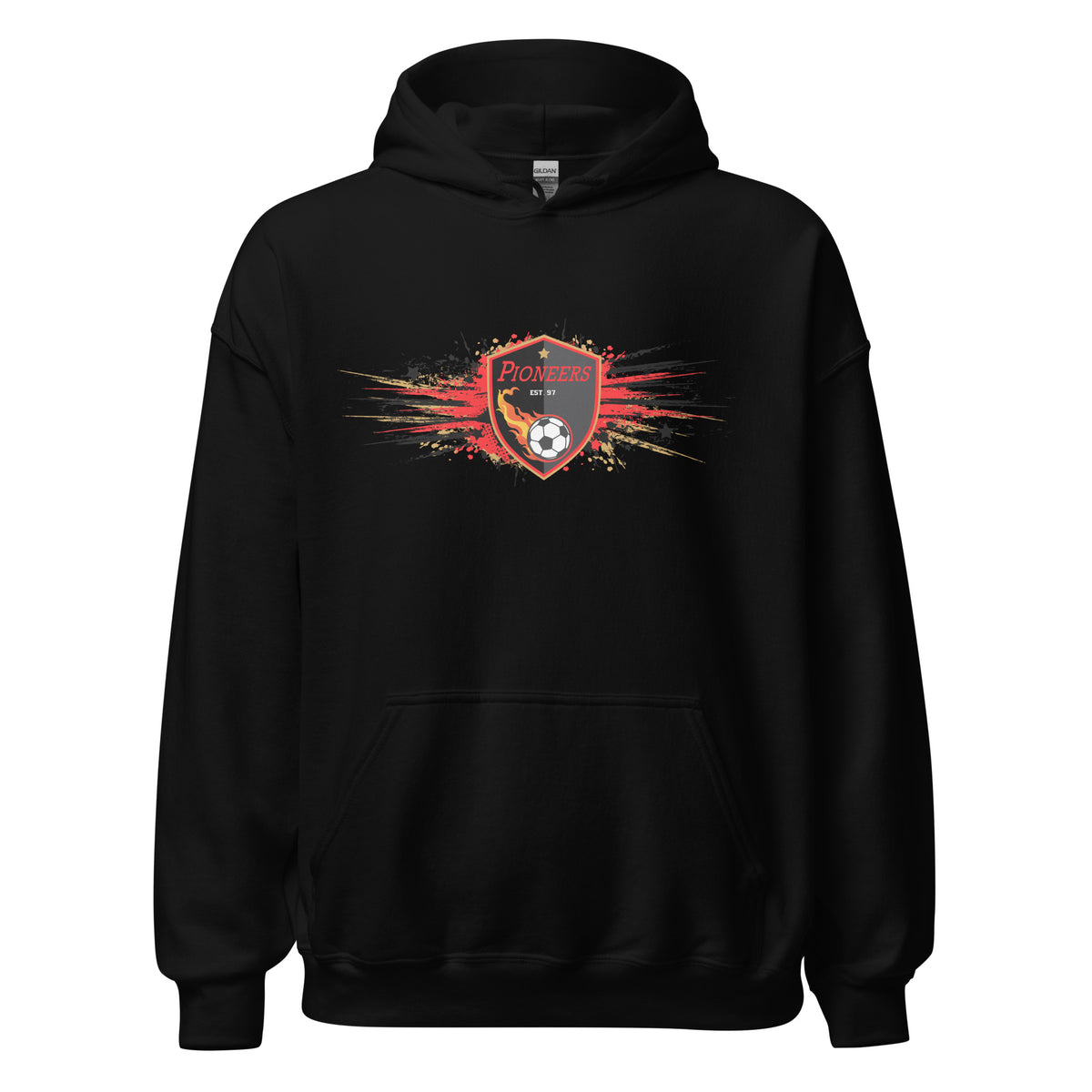 PIONEERS Impact Hoodie with red, black and gold soccer graphics