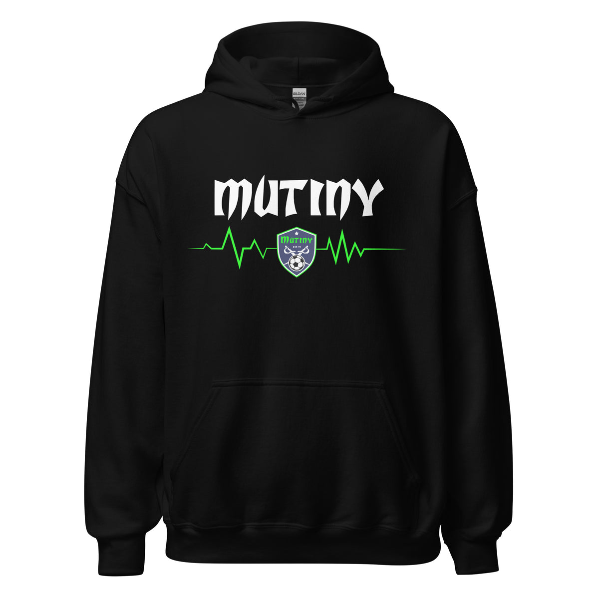 New England Mutiny Heartbeat Hoodie in black with green heartbeat graphic and team logo