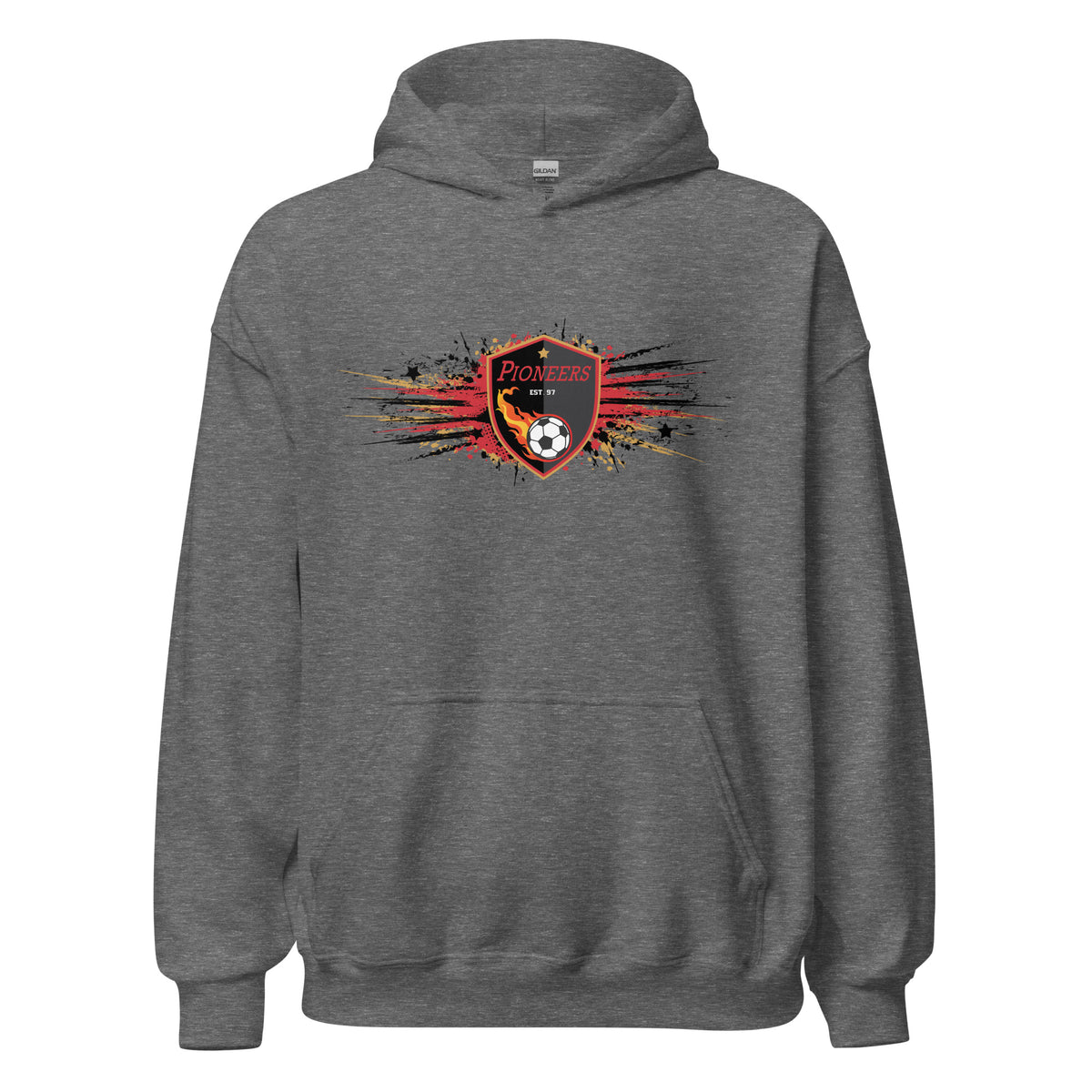 Pioneers hoodie featuring team logo with bold splatter graphics