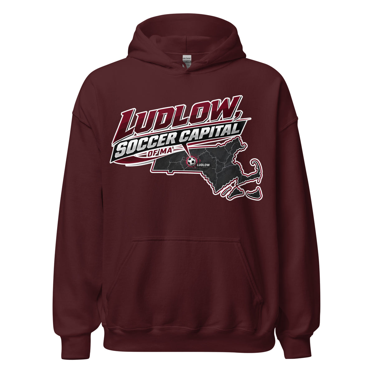 Ludlow Soccer Capital of MA Hoodie Front Design