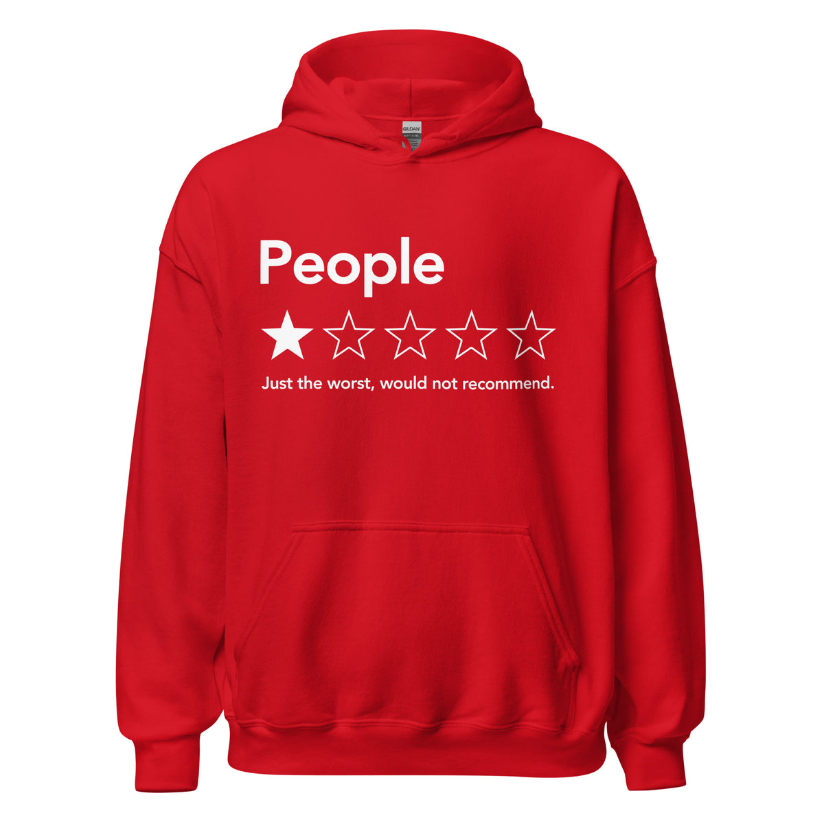 Graphic hoodie with one out of five stars and a humorous negative review of humanity