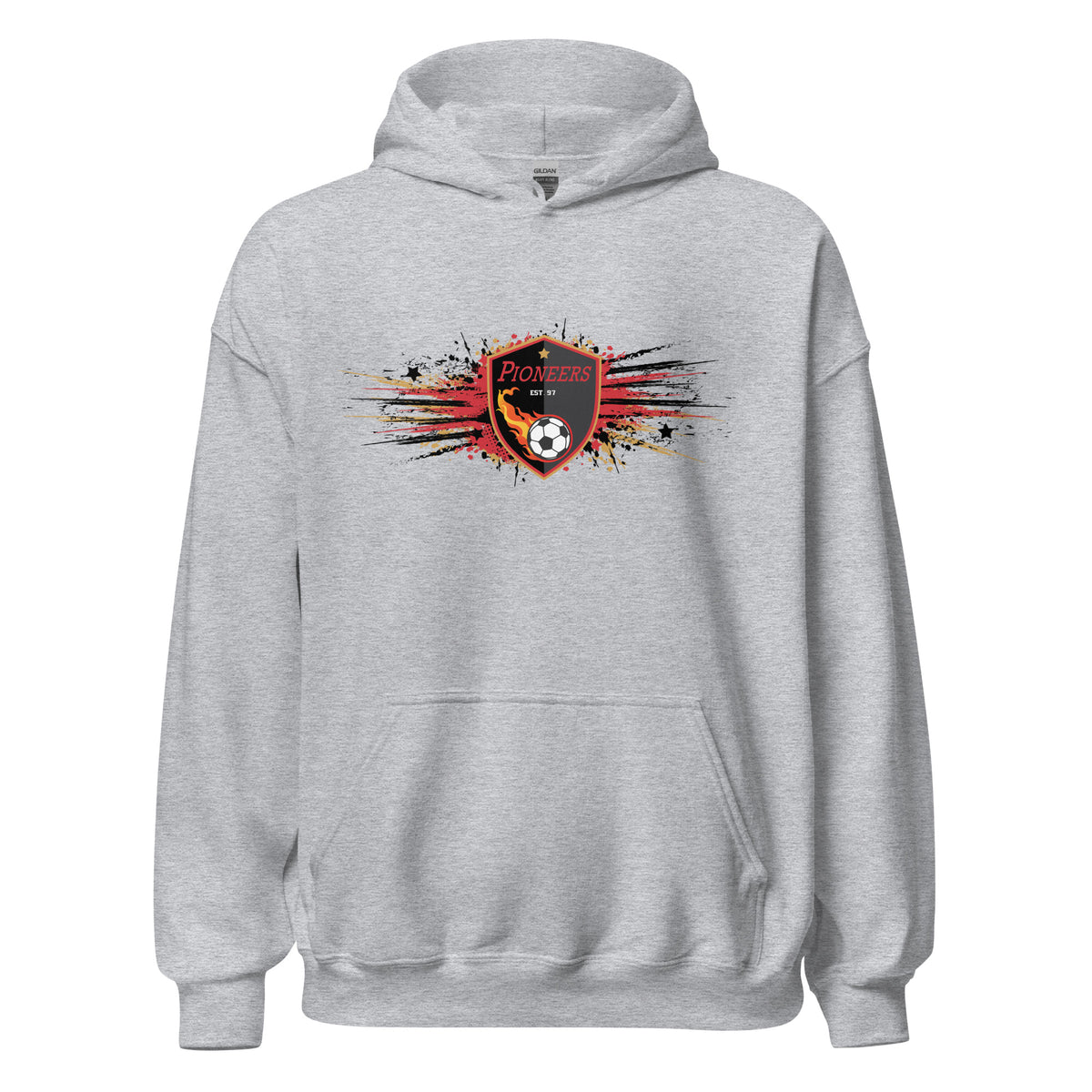 PIONEERS Impact Hoodie with soccer crest and distressed design