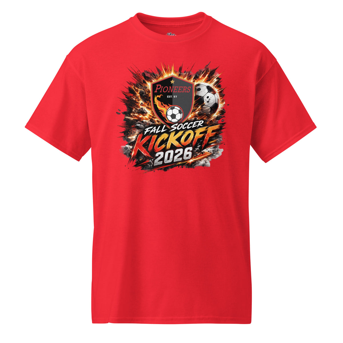PIONEERS Fall Soccer Kickoff shirt with team-inspired design