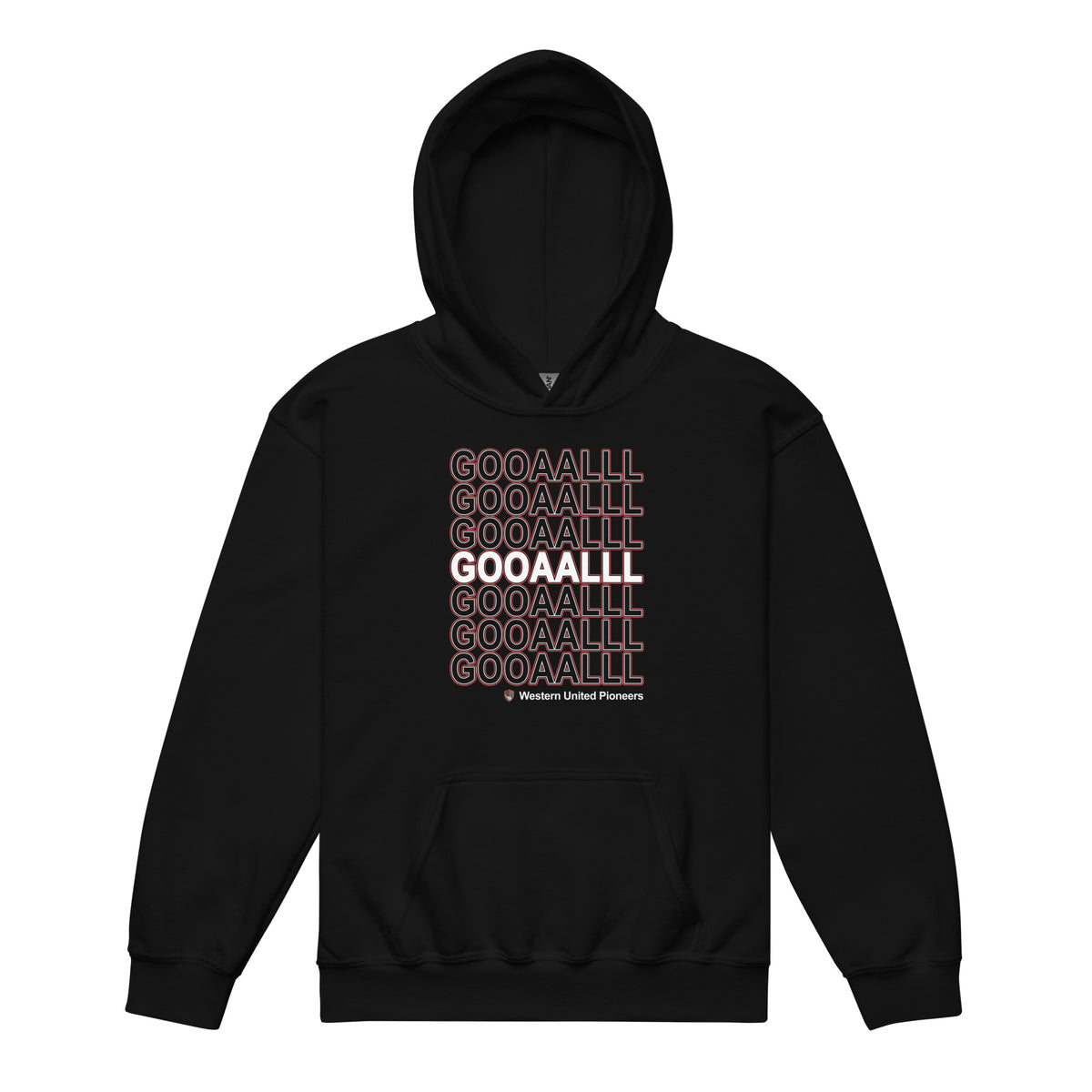 Kids Pioneers soccer hoodie with GOAL printed repeatedly