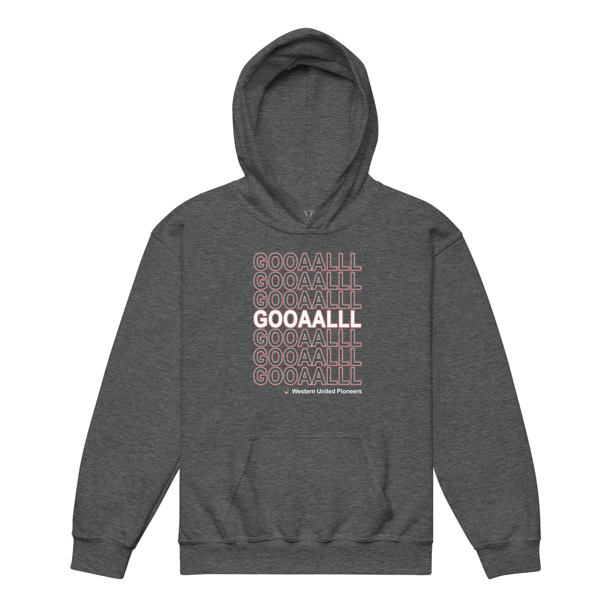 Pioneers youth soccer hoodie with an all-over GOAL pattern
