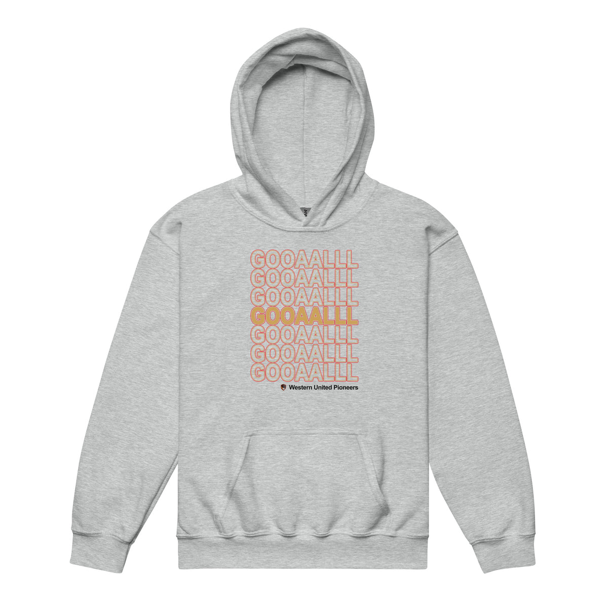 Youth soccer team hoodie featuring repeated GOAL lettering for Pioneers